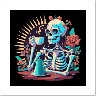 Skeleton with coffee and roses Posters and Art